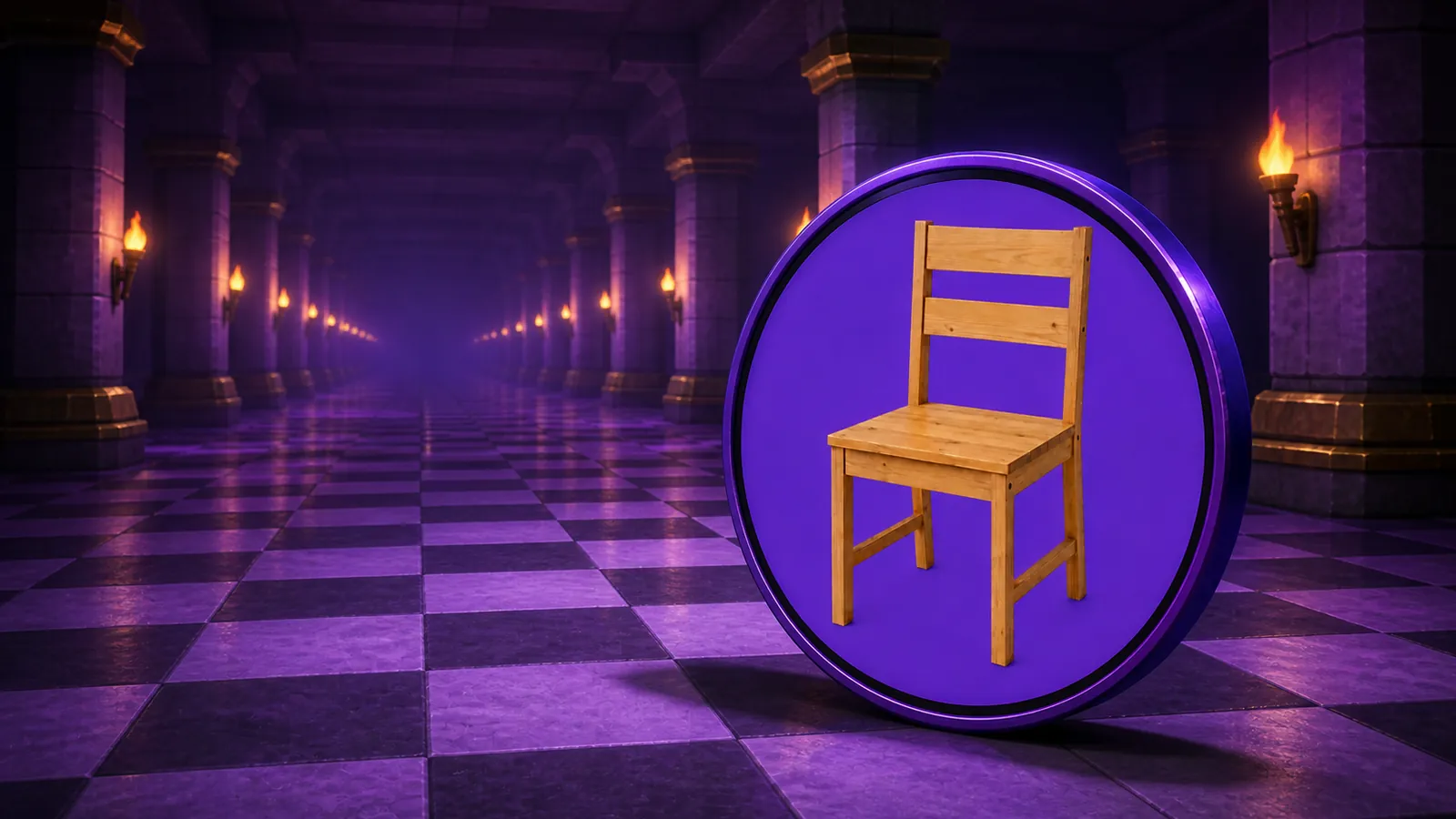 The chair coin standing on its edge in a long violet hall